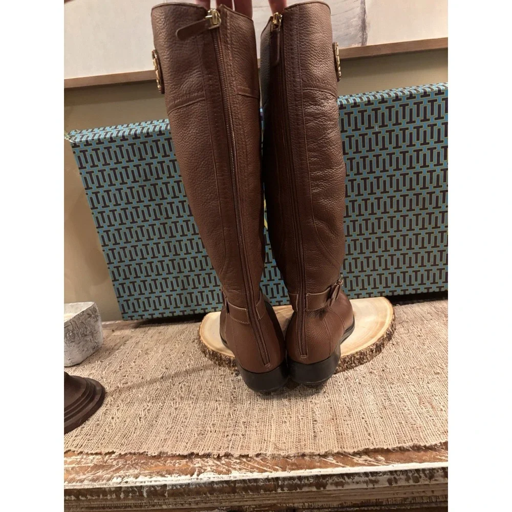 Tory Burch Adeline Almond Leather Gold Logo Buckle Knee High Riding Boots Sz-9.5